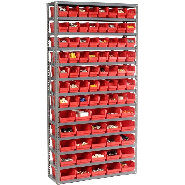 Global Industrial Steel Shelving, Total 81 4inH Plastic Shelf Bins Red, 36x12x72-13 Shelves 603442RD - main